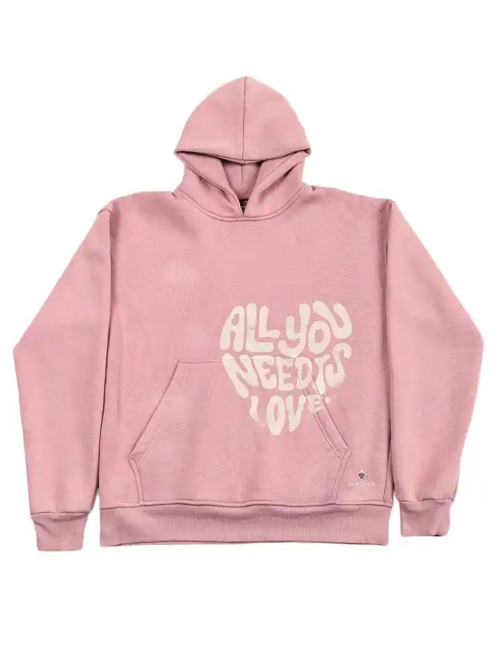 Onion pink hoodie with "All You Need is Love" text, oversized fit, pure cotton, and minimal fade effect.