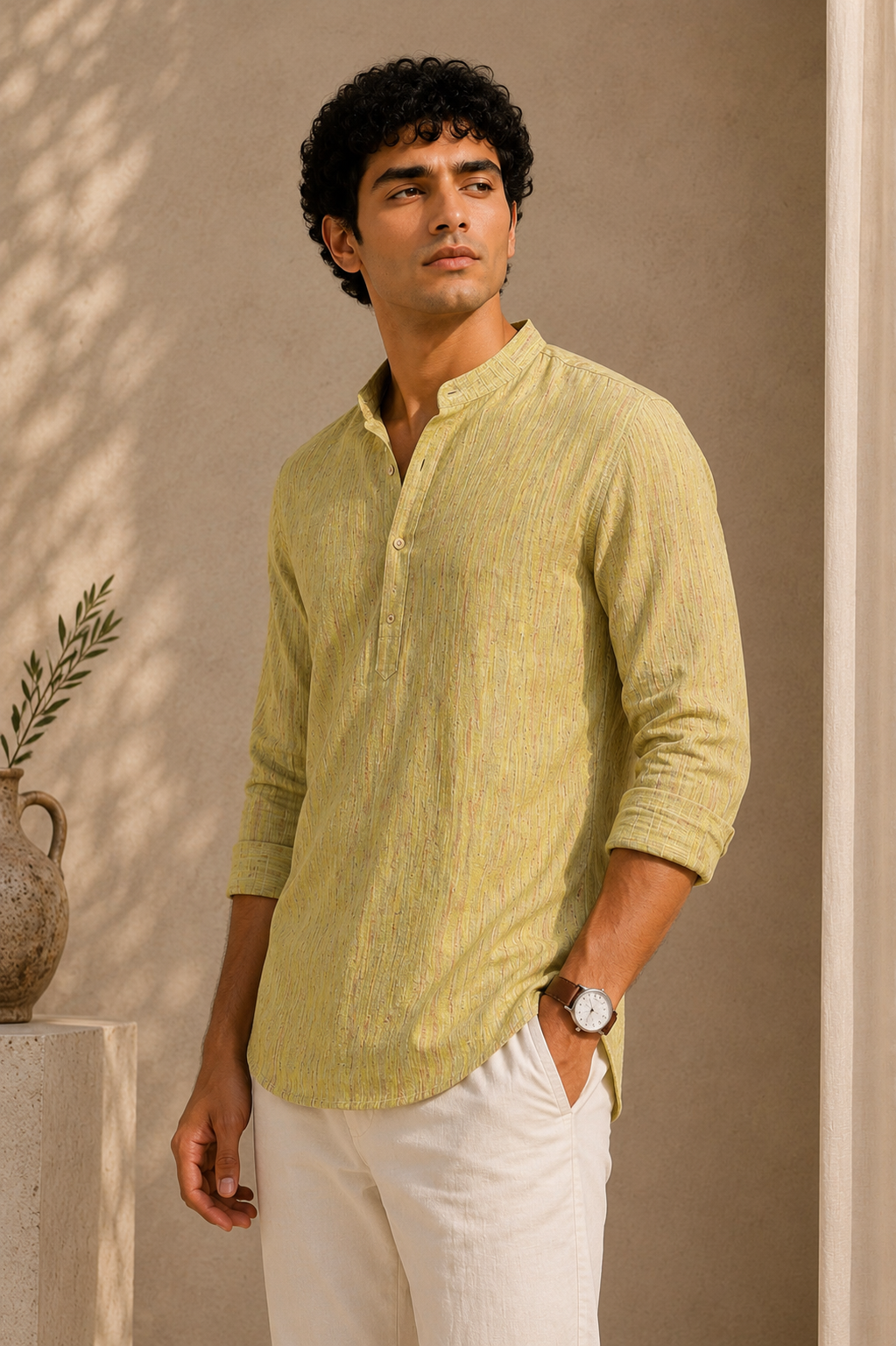 Wheatfield Textured Cotton Khadi Kurta Shirt - Mandarin Collar