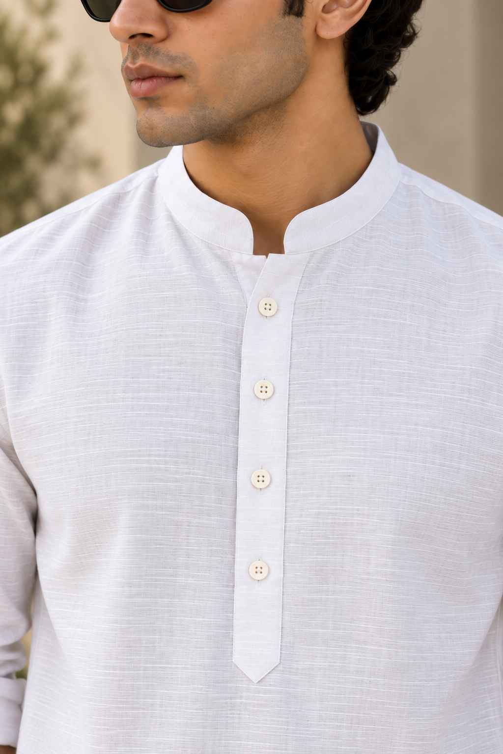 White Linen Blend Kurta Shirt - Mandarin Collar