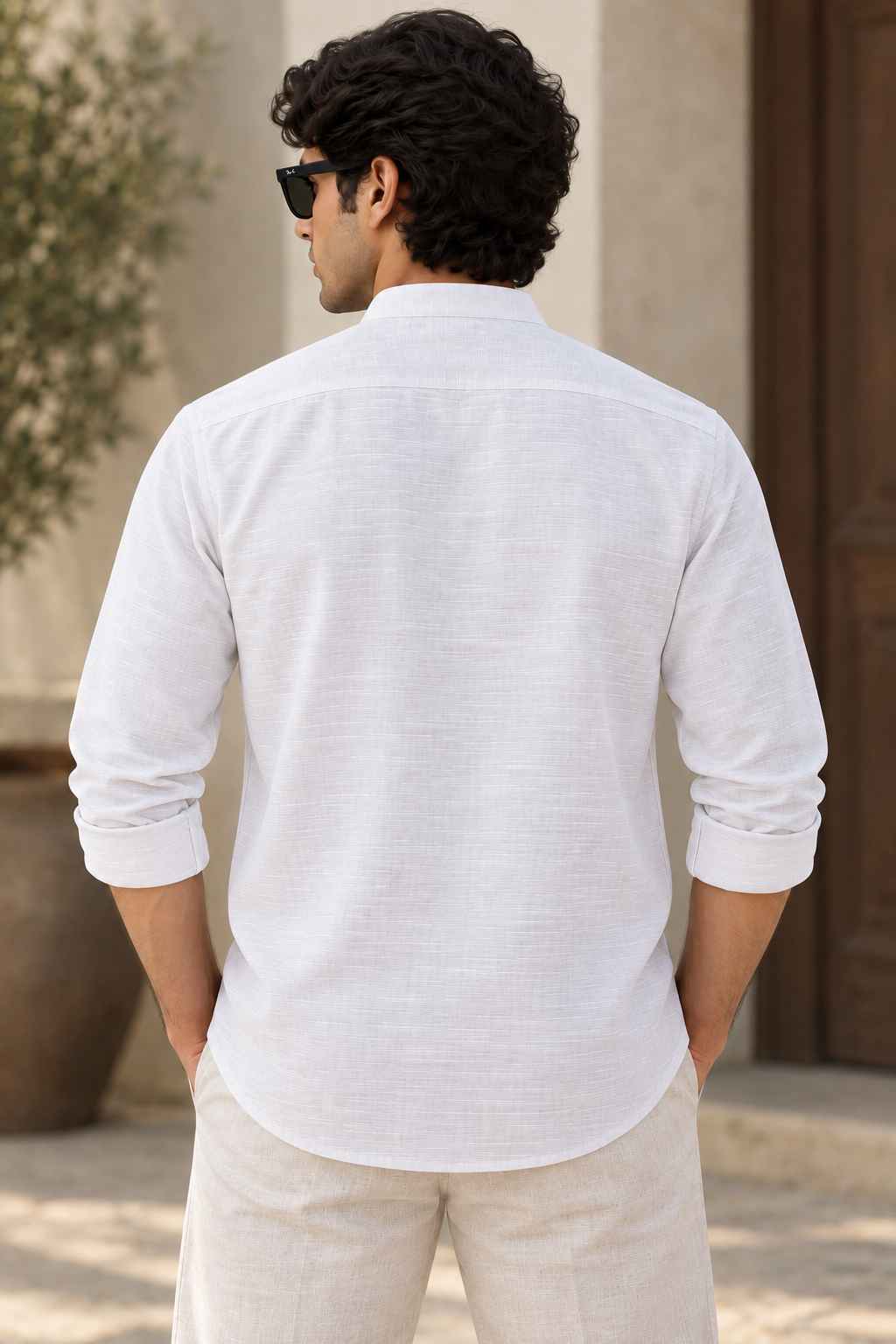 White Linen Blend Kurta Shirt - Mandarin Collar