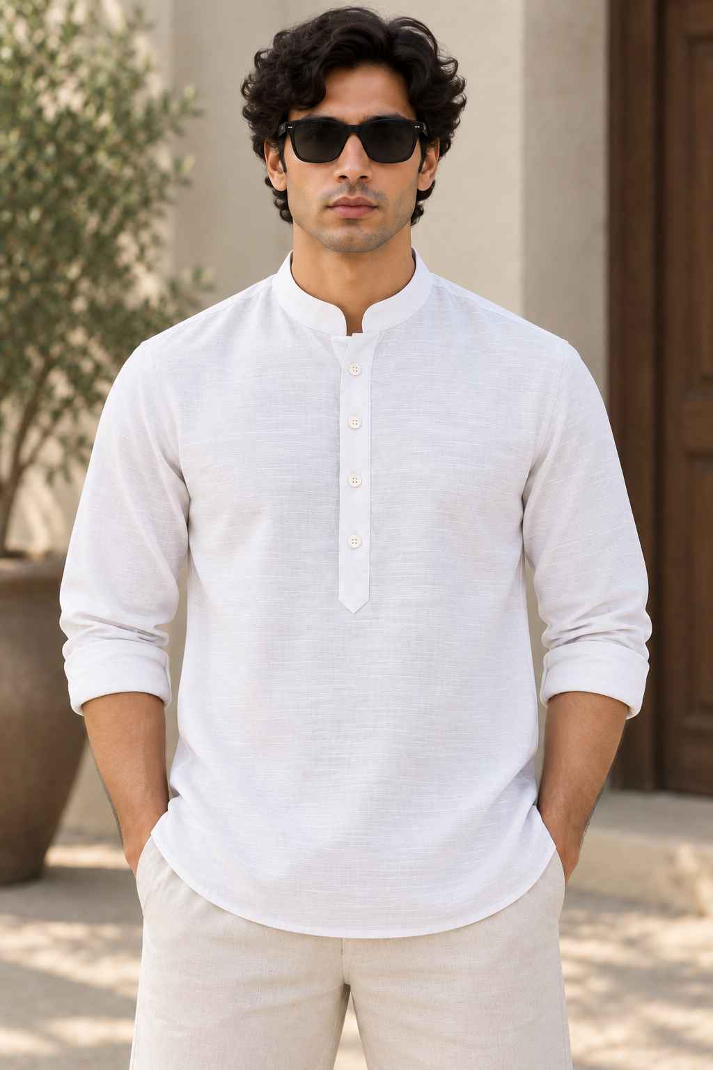 White Linen Blend Kurta Shirt - Mandarin Collar
