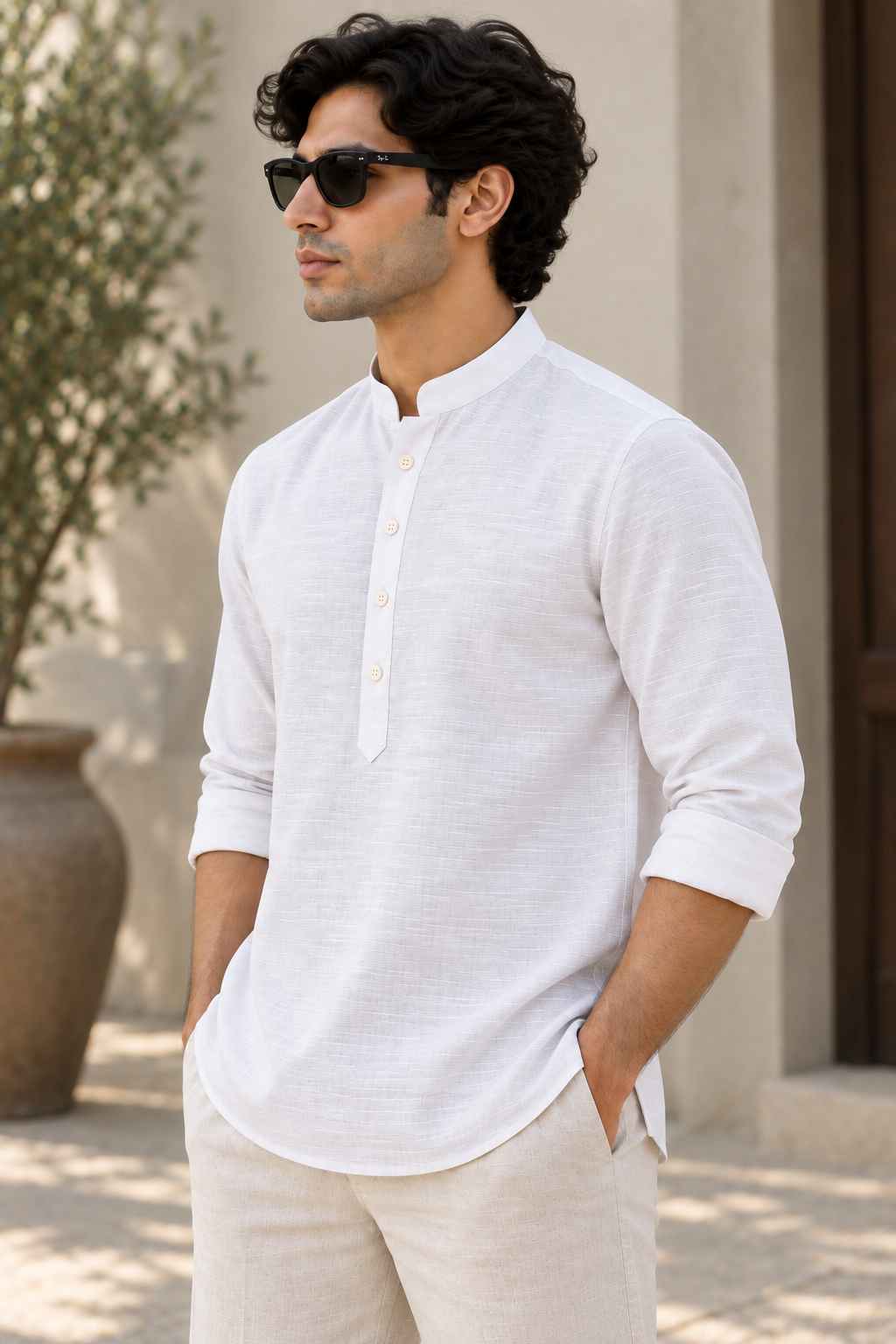White Linen Blend Kurta Shirt - Mandarin Collar