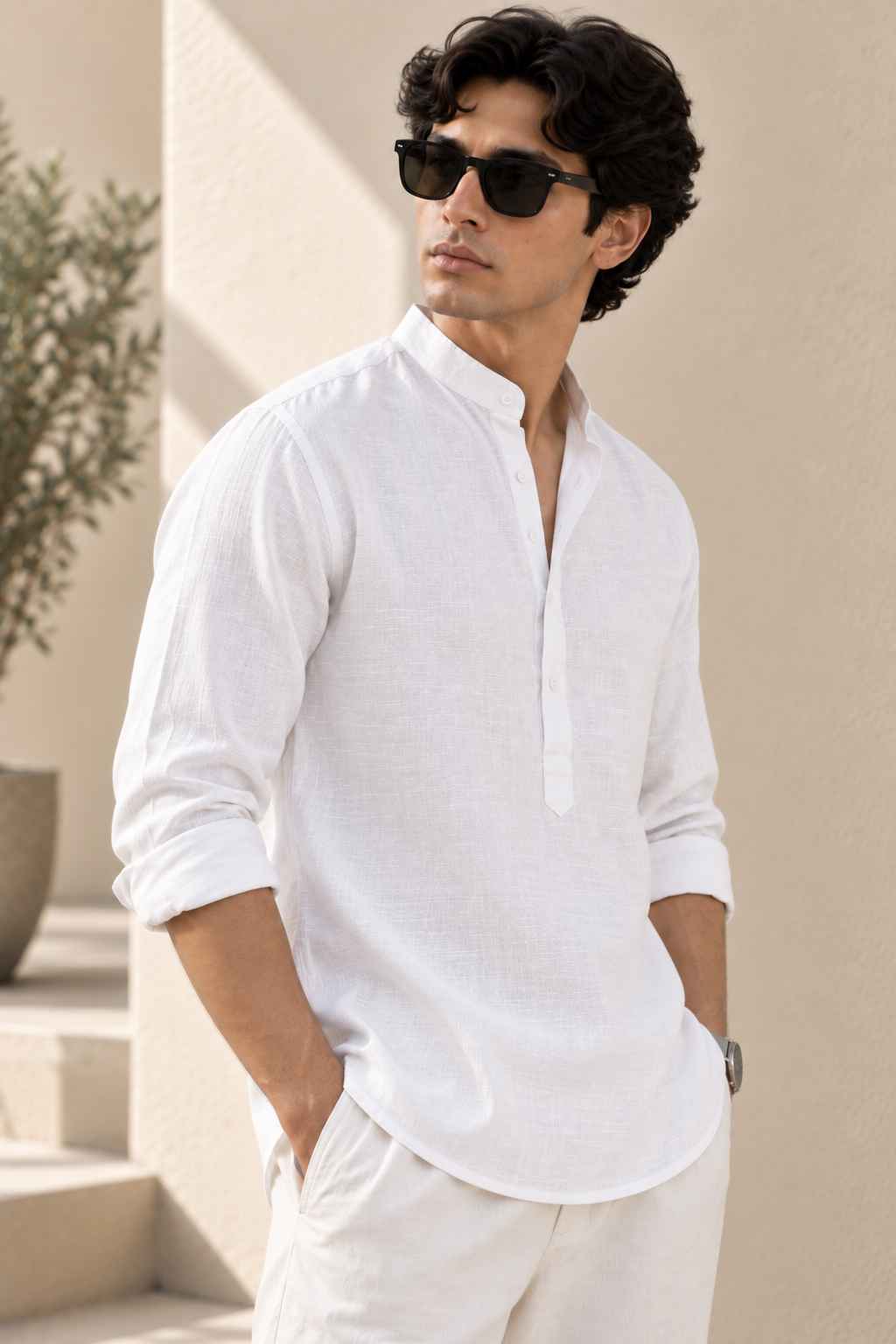 White Pure Linen Kurta Shirt - Mandarin Collar