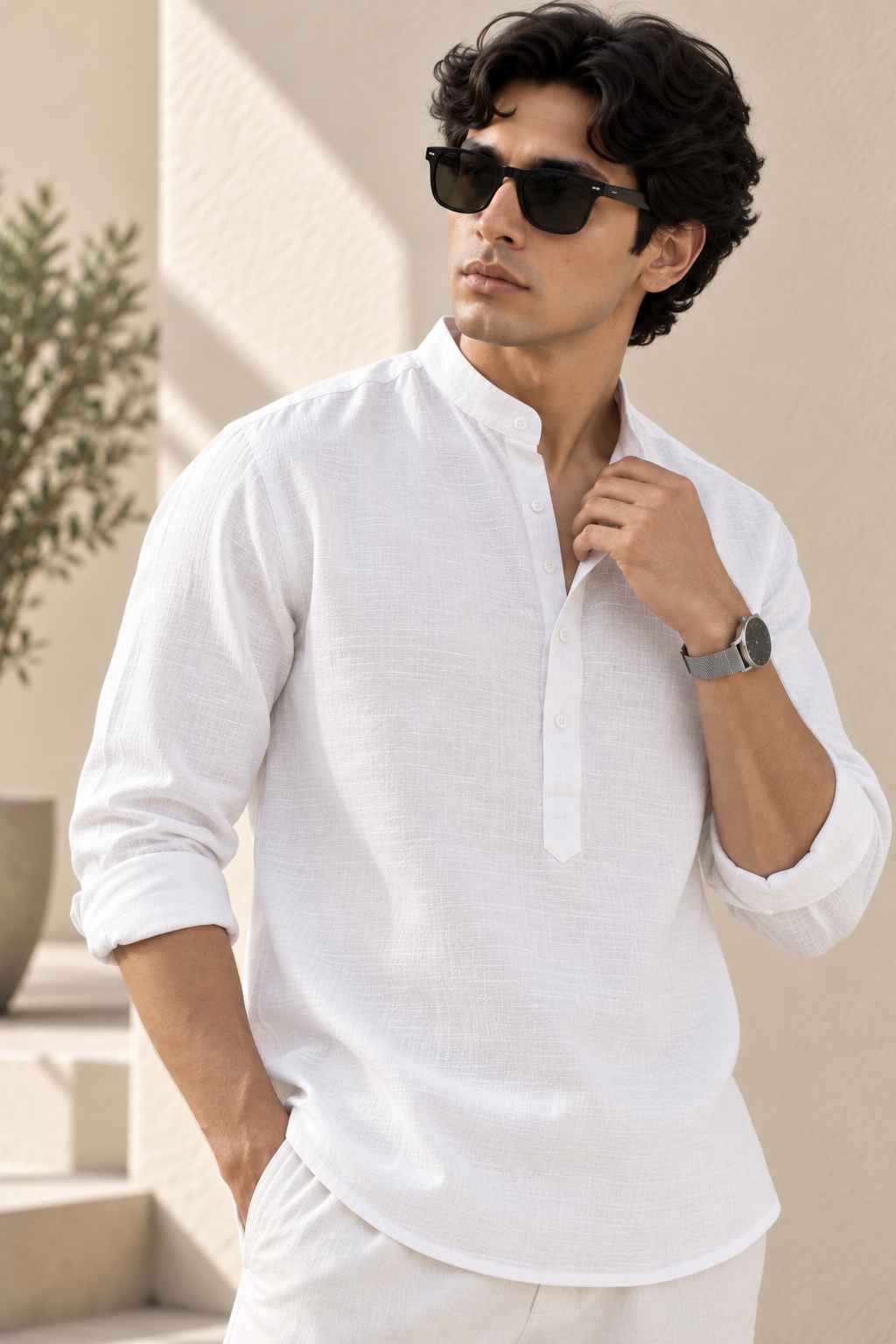 White Pure Linen Kurta Shirt - Mandarin Collar
