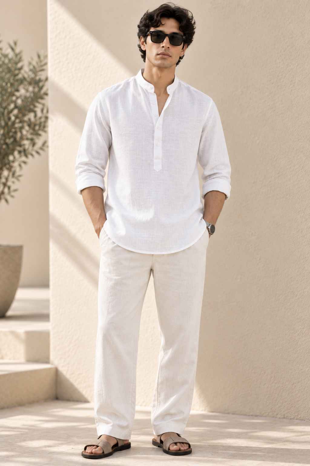 White Pure Linen Kurta Shirt - Mandarin Collar