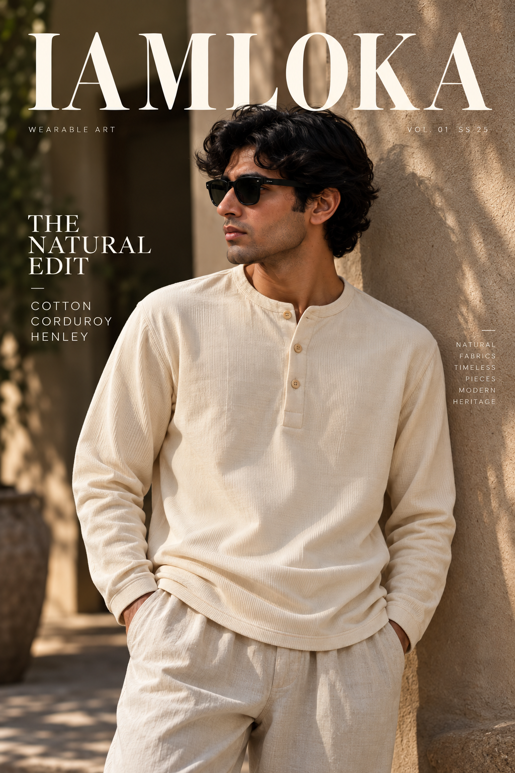 A man wearing a cream-colored long-sleeve henley shirt and matching trousers, styled with sunglasses, leaning against a stone wall. The image is a magazine cover for IAMLOKA, Vol.