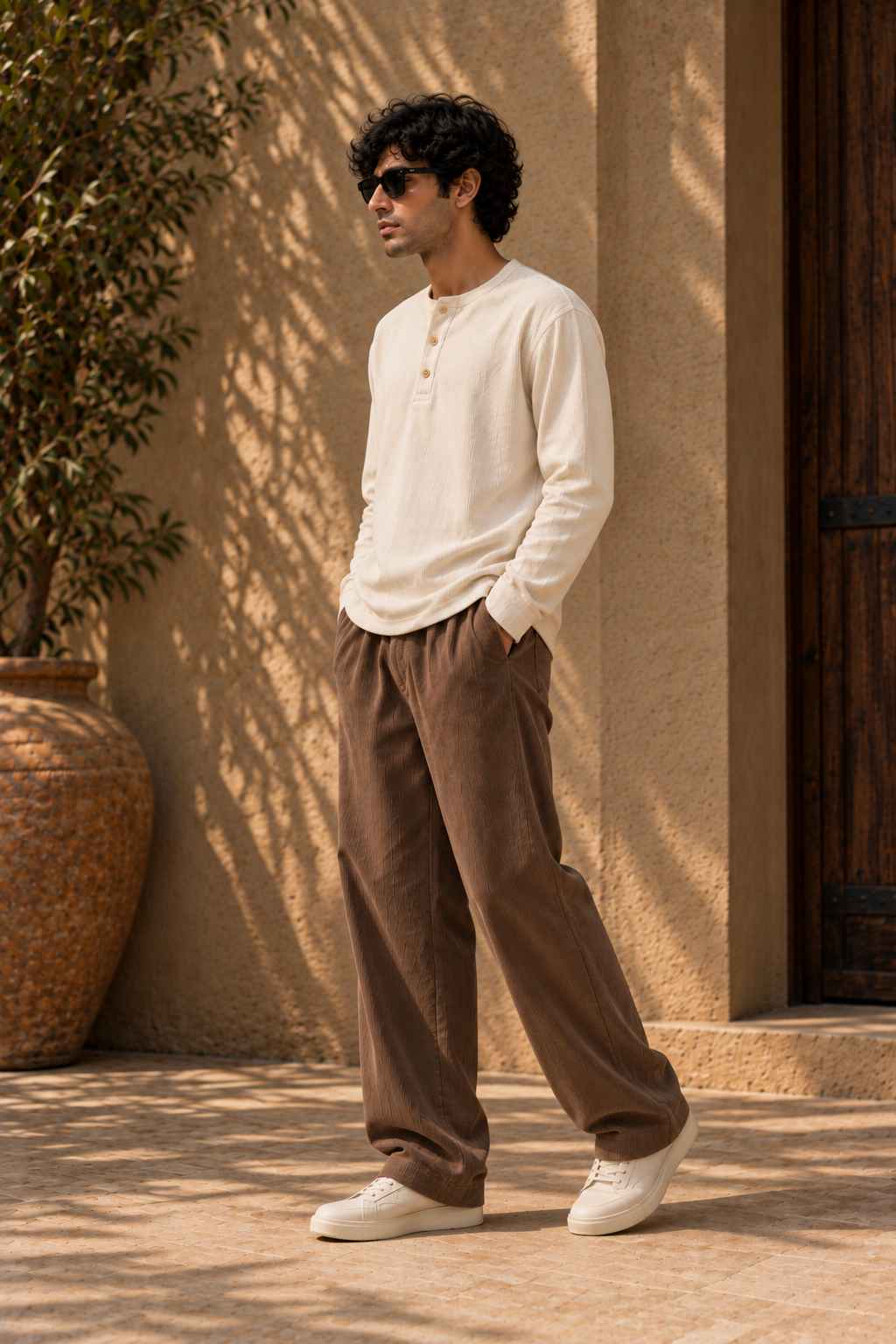 A man wearing a cream long-sleeve henley shirt, brown corduroy pants, and white sneakers stands outdoors against a sunlit stucco wall with a large planter nearby.