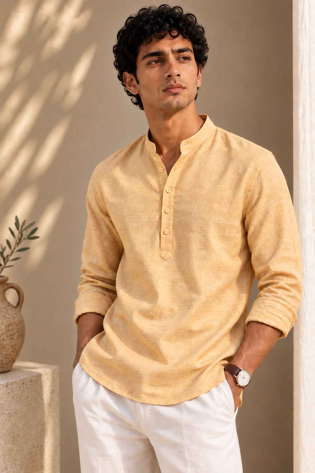 Butter Yellow Linen Kurta Shirt - Mandarin Collar