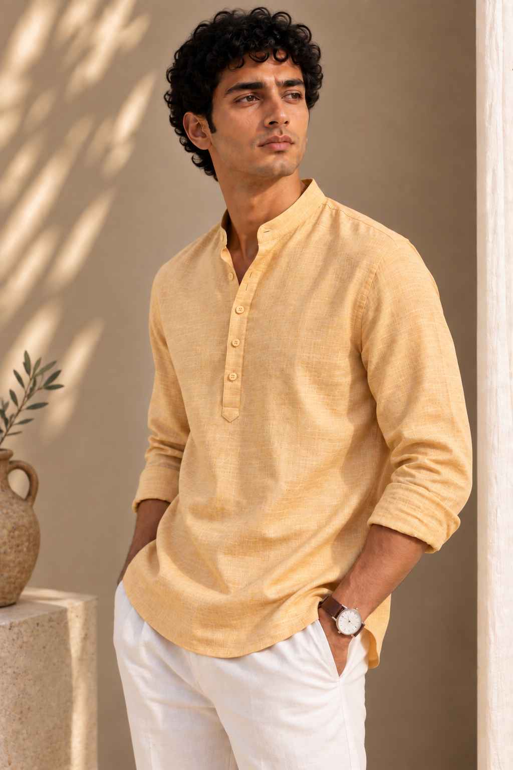 Butter Yellow Linen Kurta Shirt - Mandarin Collar