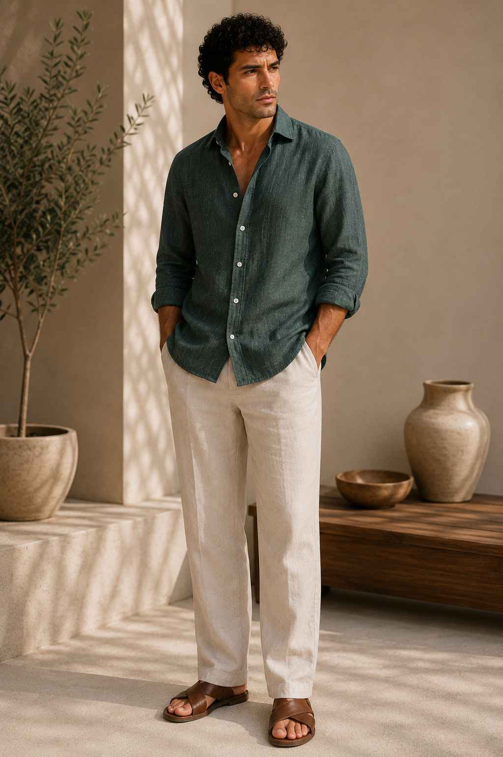 A man wearing a dark green linen button-down shirt, off-white linen trousers, and brown leather sandals, standing in a sunlit room with a potted plant and ceramic vases.