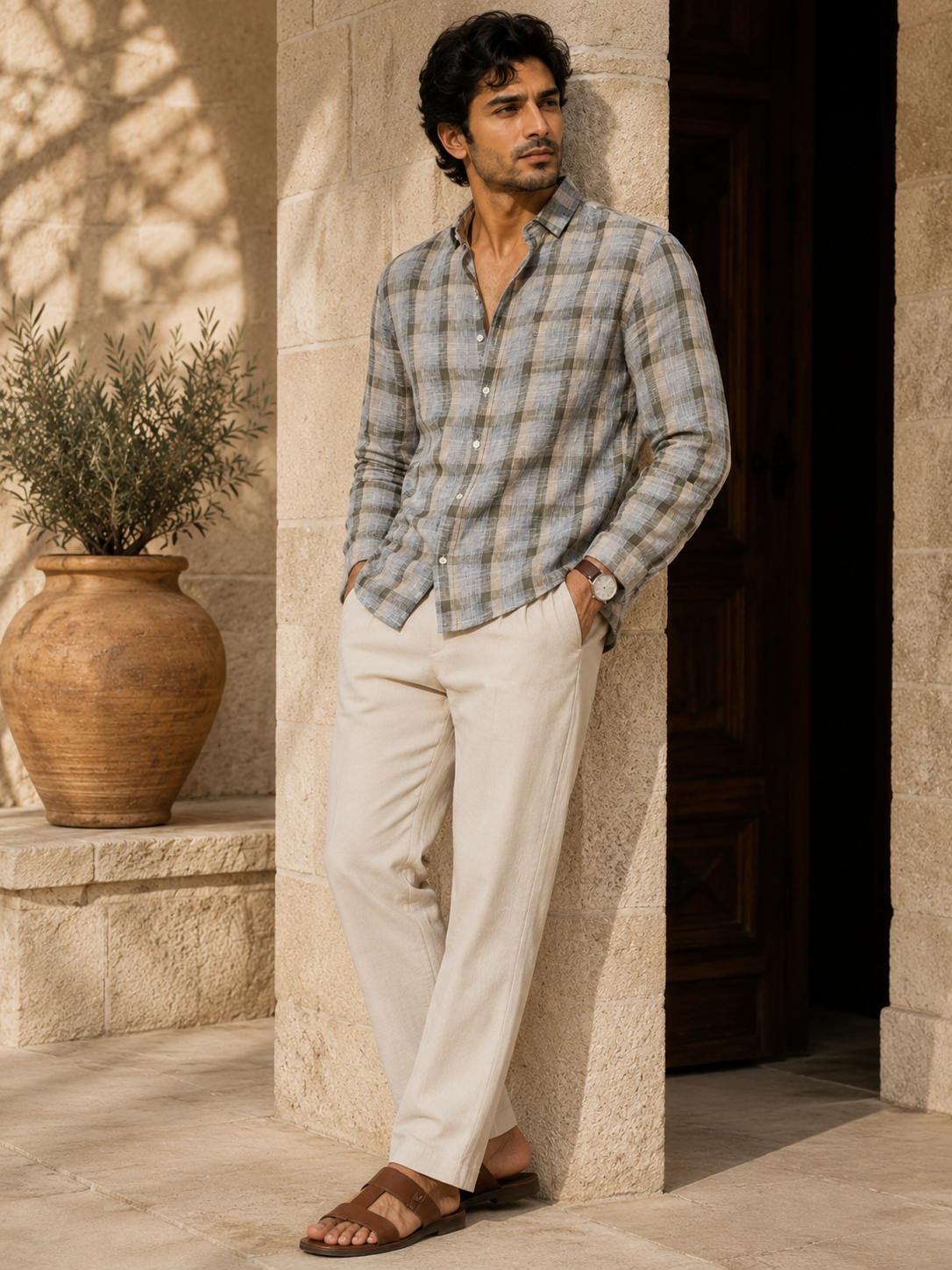 Man wearing a checkered shirt and white pants standing against a stone wall.