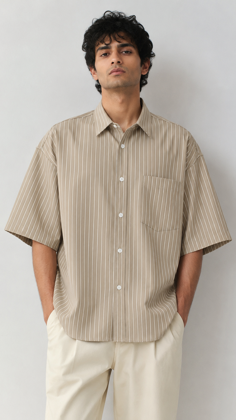 Man wearing a beige striped shirt and white pants against a plain background