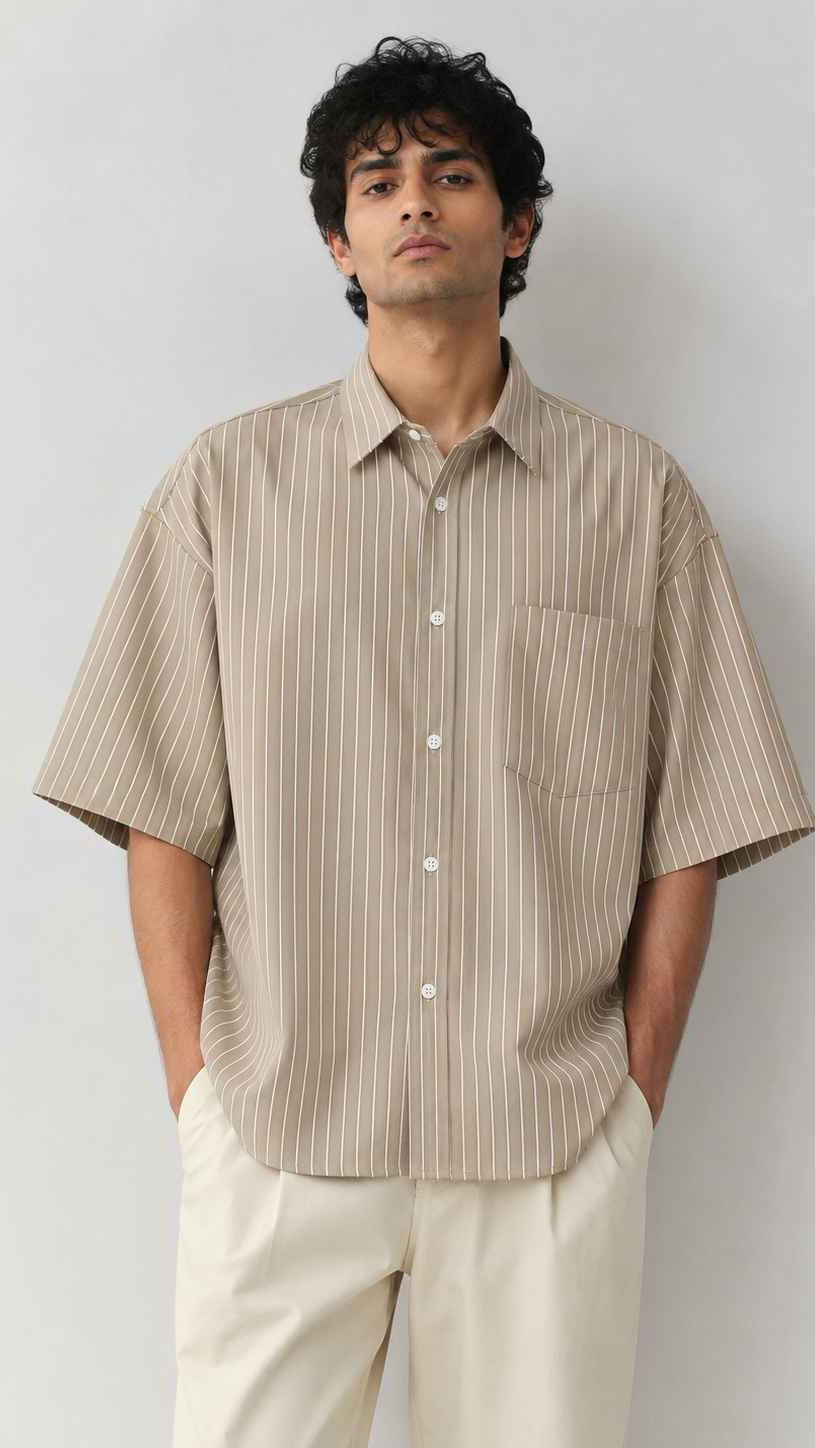 Man wearing a beige striped shirt and white pants against a plain background