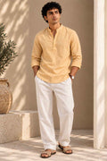 Butter Yellow Linen Kurta Shirt - Mandarin Collar