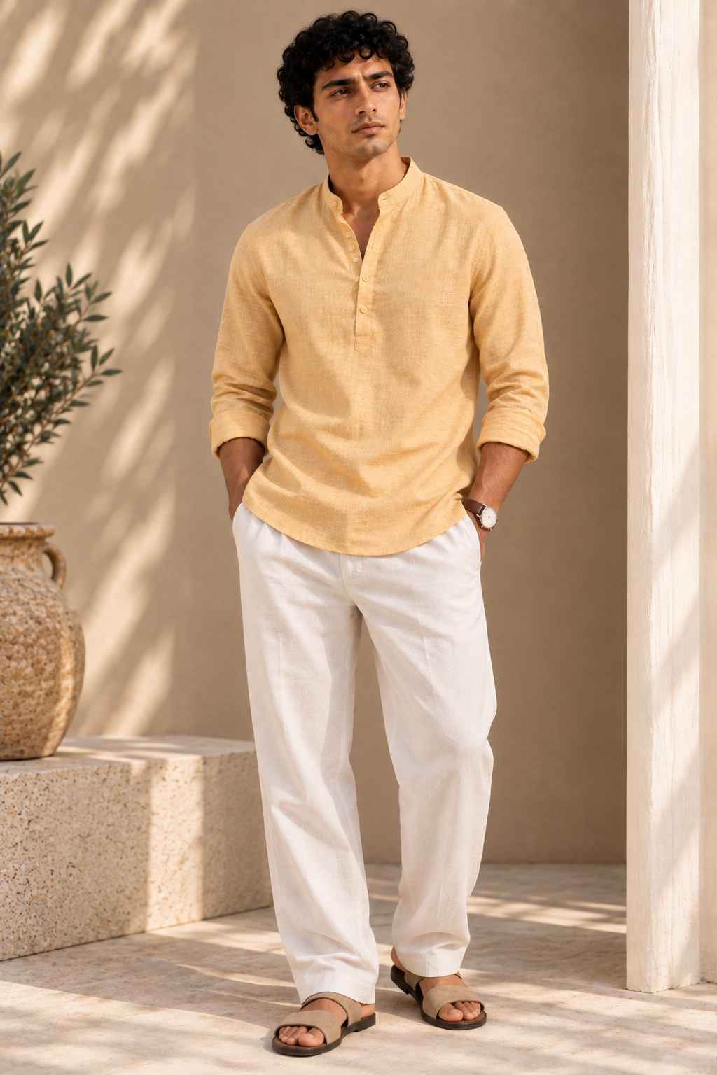 Butter Yellow Linen Kurta Shirt - Mandarin Collar