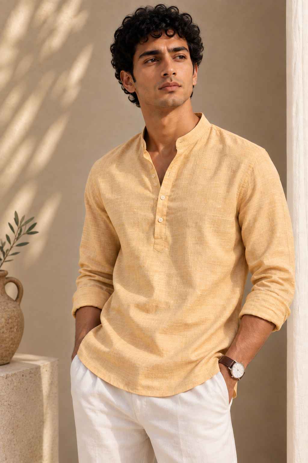 Butter Yellow Linen Kurta Shirt - Mandarin Collar