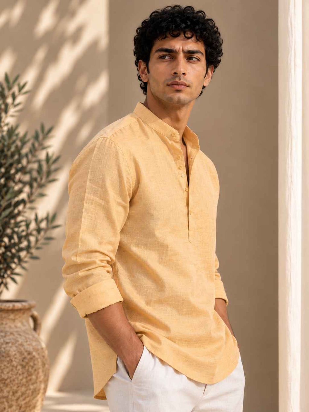 Butter Yellow Linen Kurta Shirt - Mandarin Collar