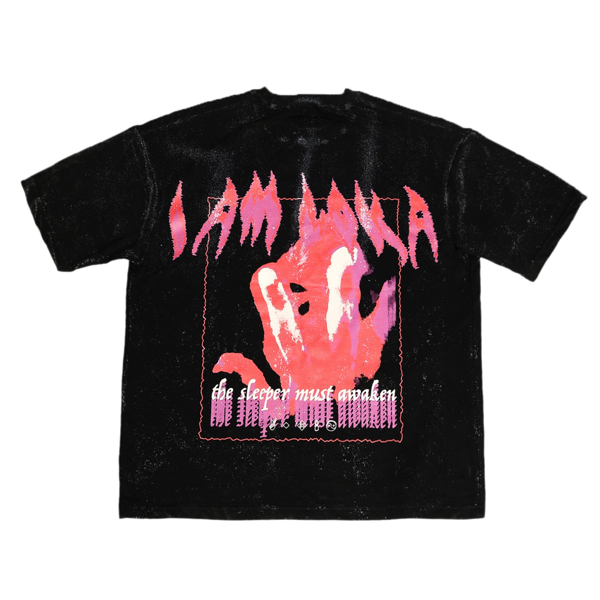 Black crew neck t-shirt with a graphic print of the text 'iamloka' in pink and purple shades, and the phrase 'the sleeper must awaken' in a rectangular border.