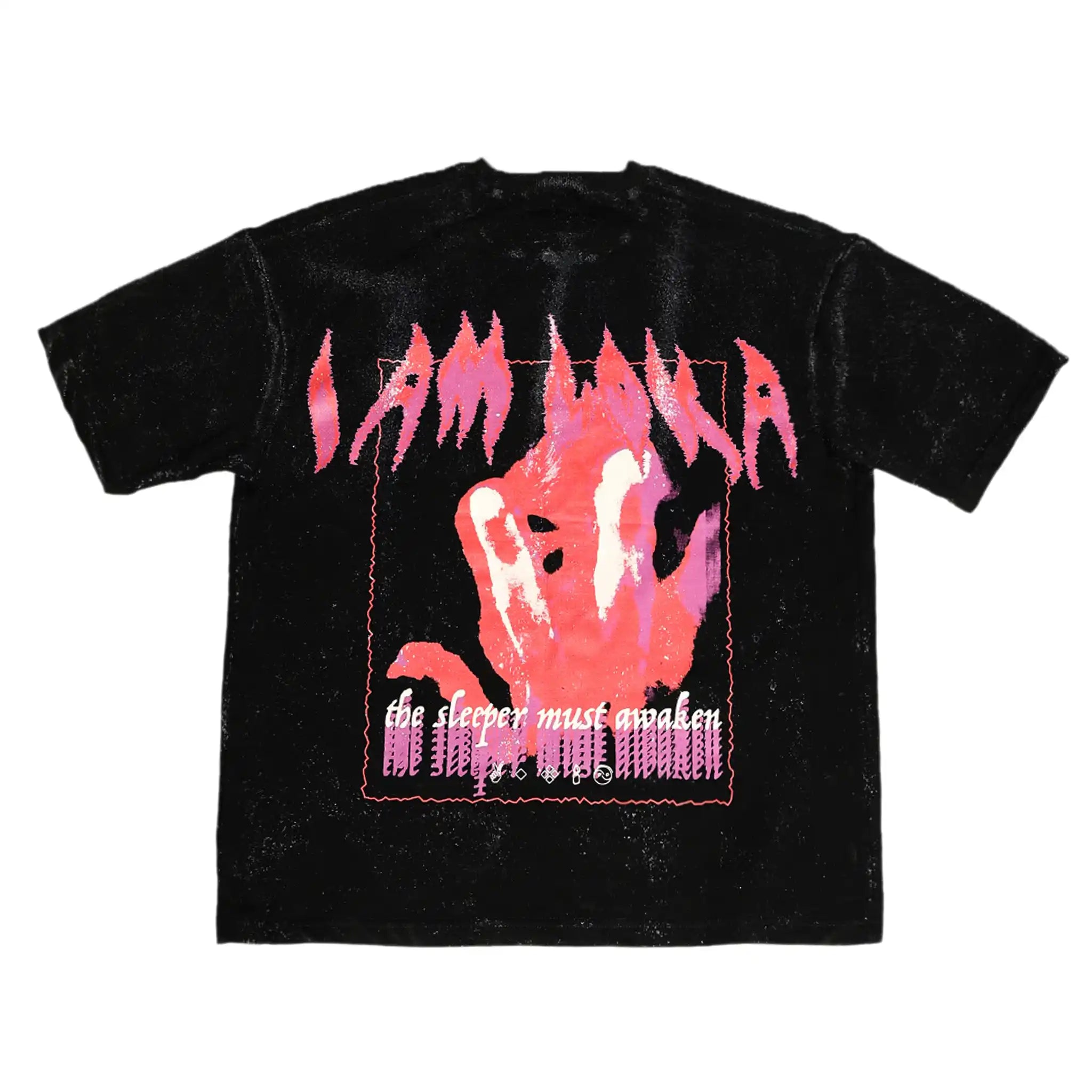 Black crew neck t-shirt with a graphic print of the text 'iamloka' in pink and purple shades, and the phrase 'the sleeper must awaken' in a rectangular border.