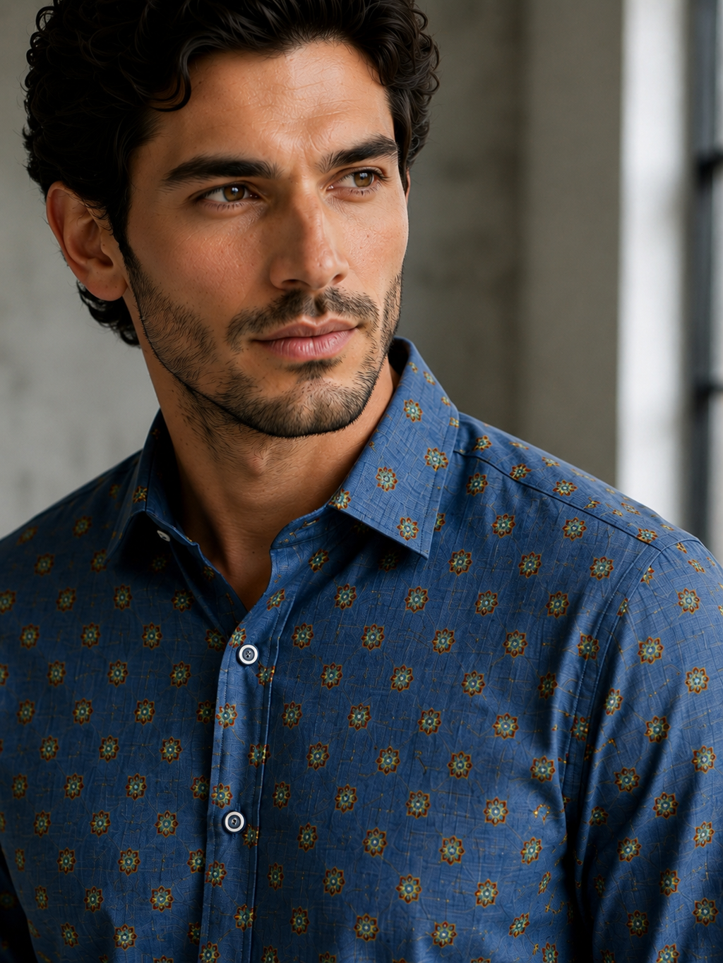 Blue Floral Motif Linen Shirt