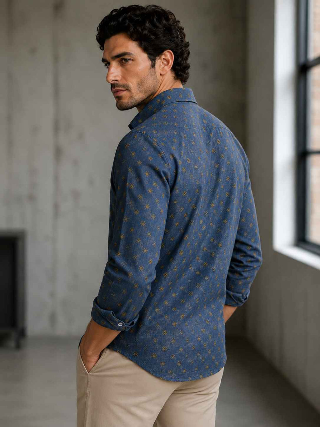 Blue Floral Motif Linen Shirt