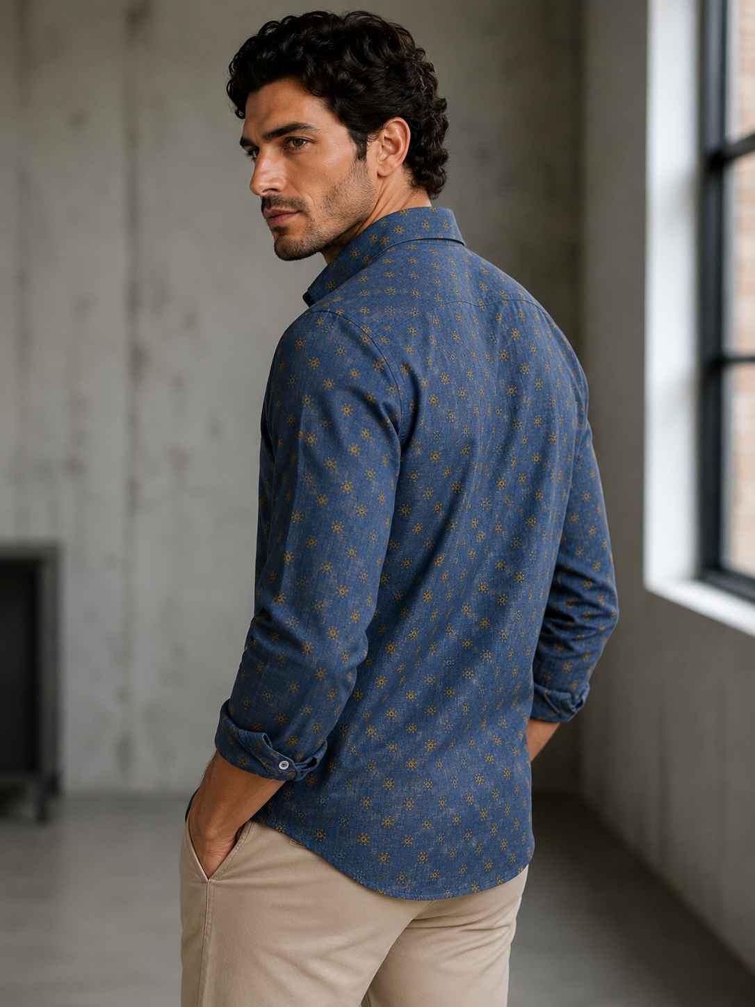 Blue Floral Motif Linen Shirt