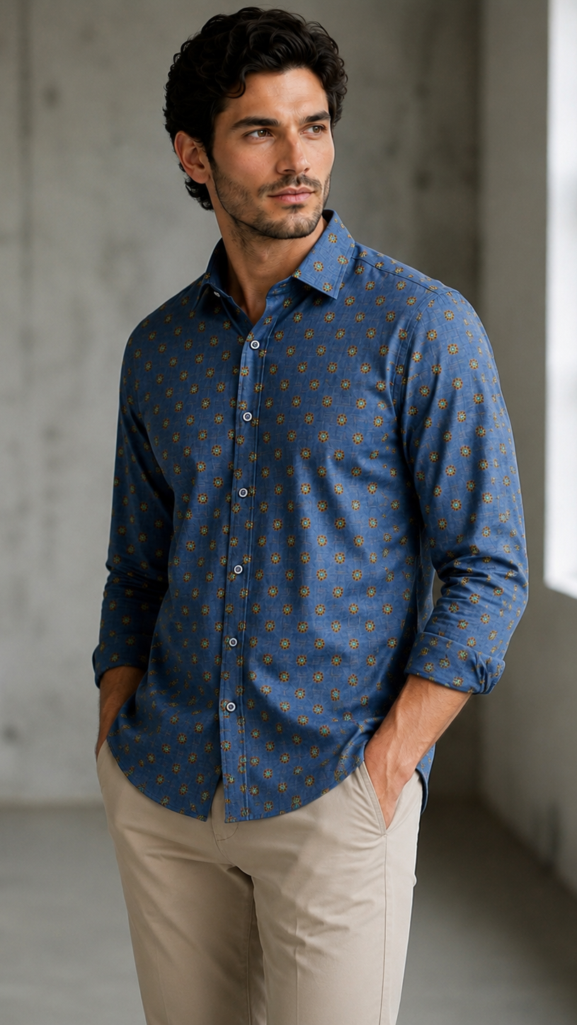 Man wearing a blue patterned shirt in an indoor setting
