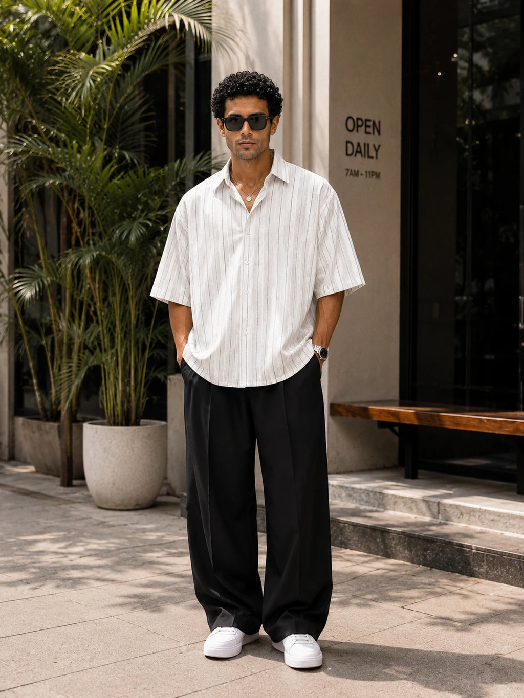 Man wearing sunglasses and a white shirt with black pants standing outdoors.