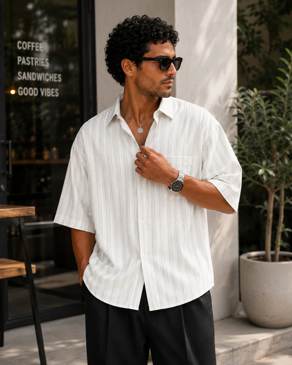 Man wearing a white striped shirt and sunglasses outdoors, with a cafe in the background.