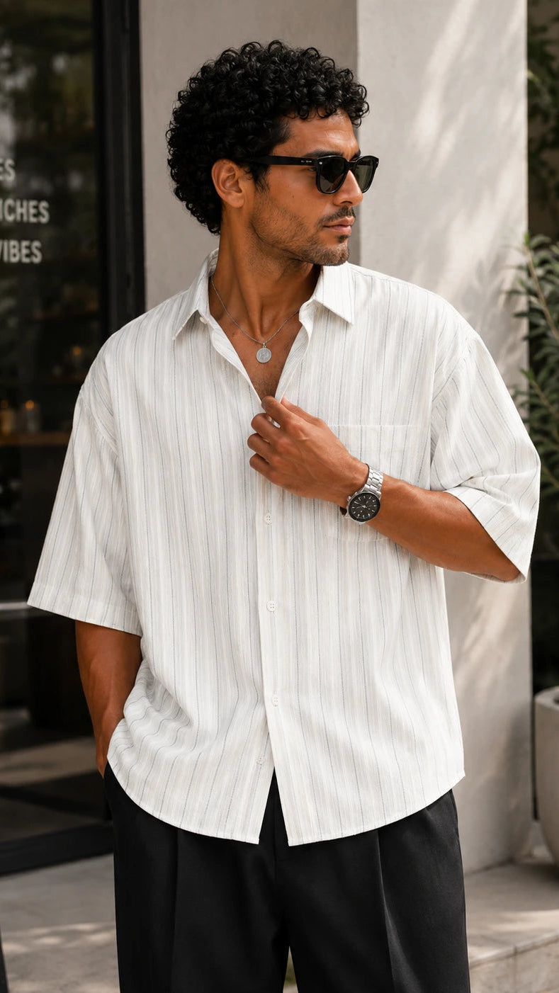Man wearing a white striped shirt and sunglasses outdoors, with a cafe in the background.
