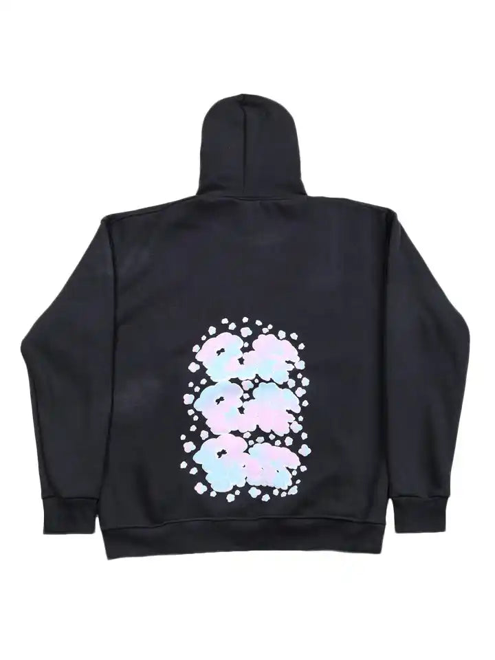 charcoal hoodie with a colorful bear design on the back against a white background
