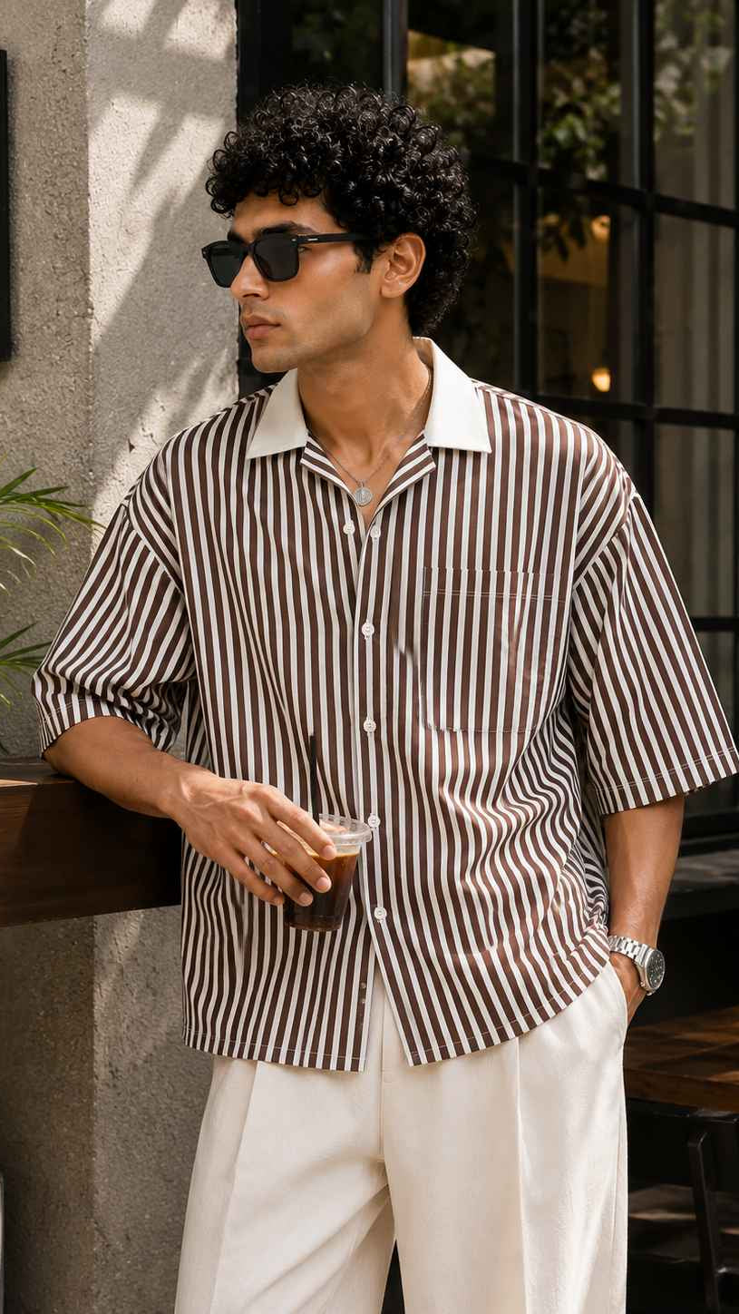 Man in a striped shirt and sunglasses holding a drink outdoors.