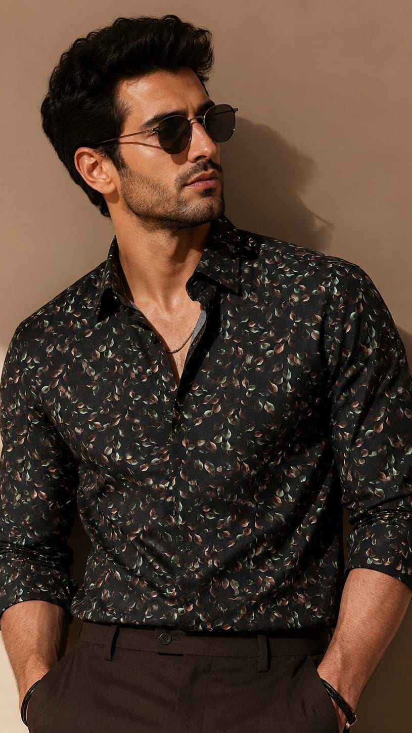 Man wearing a black patterned shirt and sunglasses against a beige background