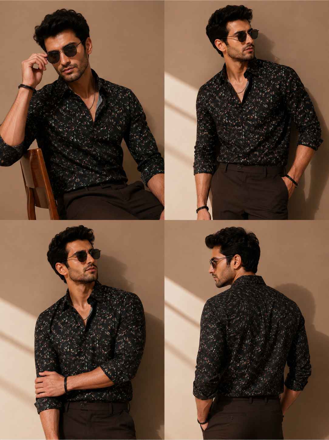 Man wearing a black patterned shirt in various poses against a beige background