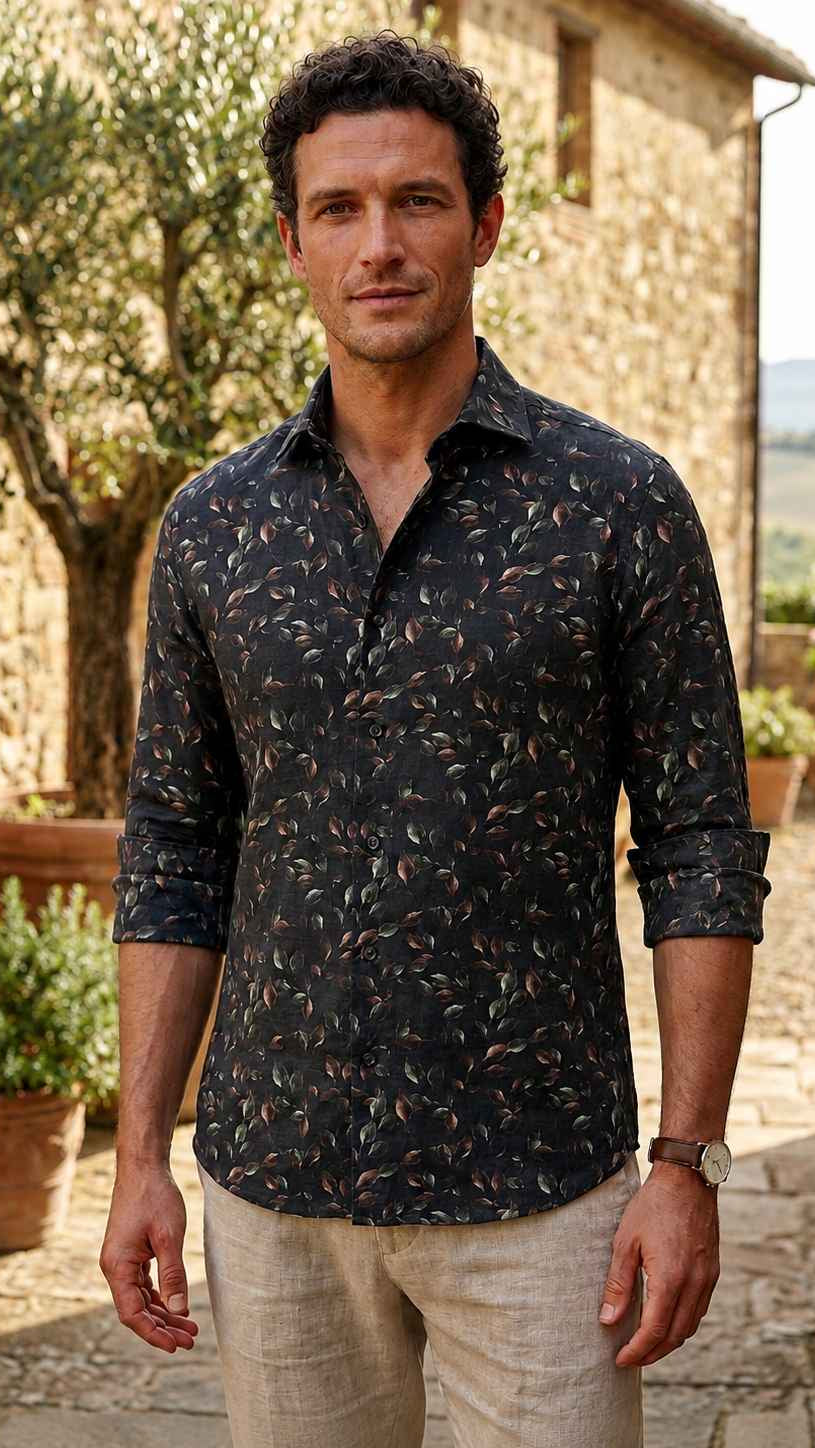 Man wearing a patterned shirt standing in an outdoor setting with stone building and trees.