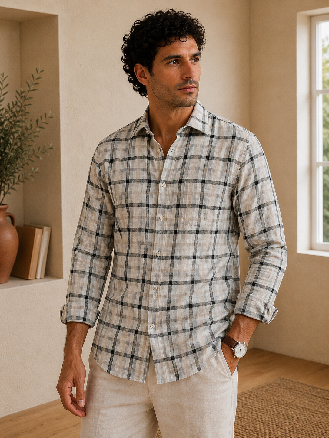 Man wearing a plaid shirt in a room with a window and plant