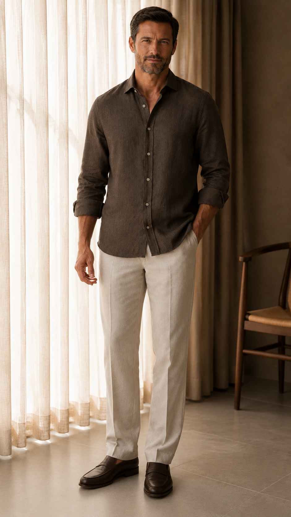 Man wearing a dark brown shirt and white pants standing in a room with curtains and a chair.