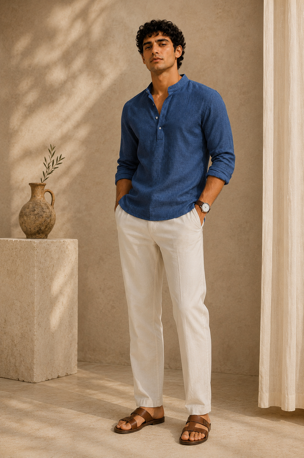 Navy Blue Linen Kurta Shirt - Mandarin Collar