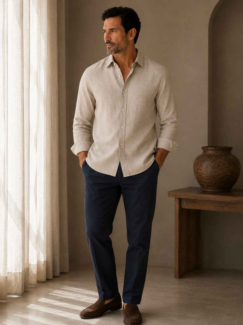 Man wearing a beige shirt and navy pants standing in a room with a vase on a table.