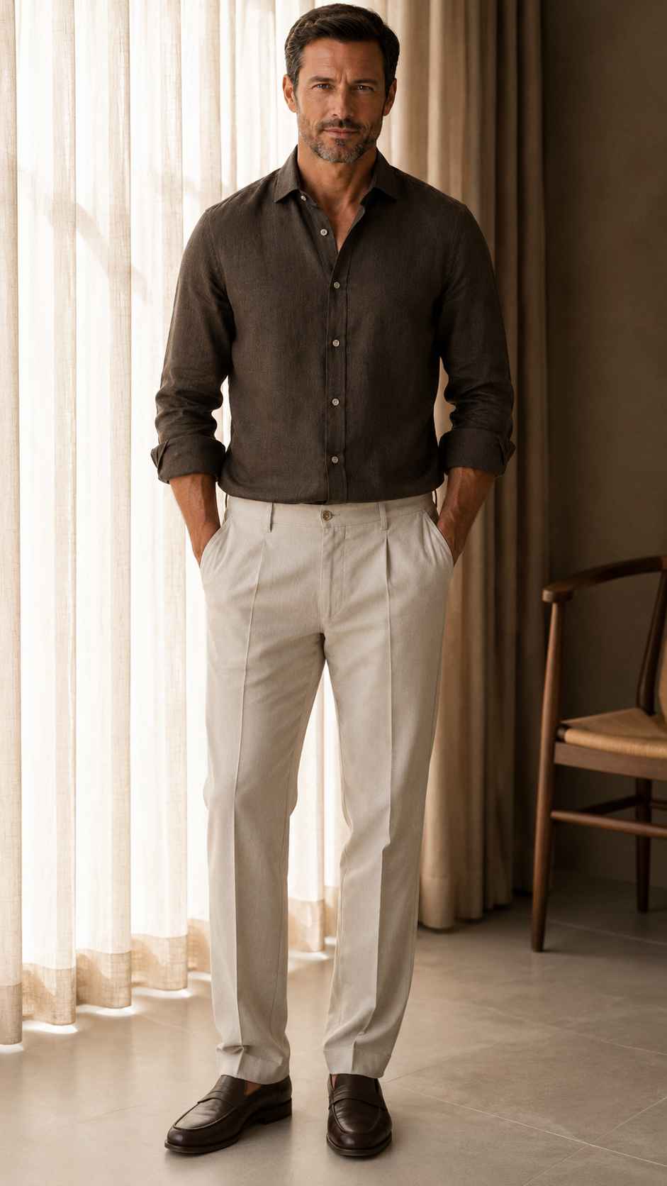 Man wearing a dark shirt and light pants standing in a room with curtains and a chair.