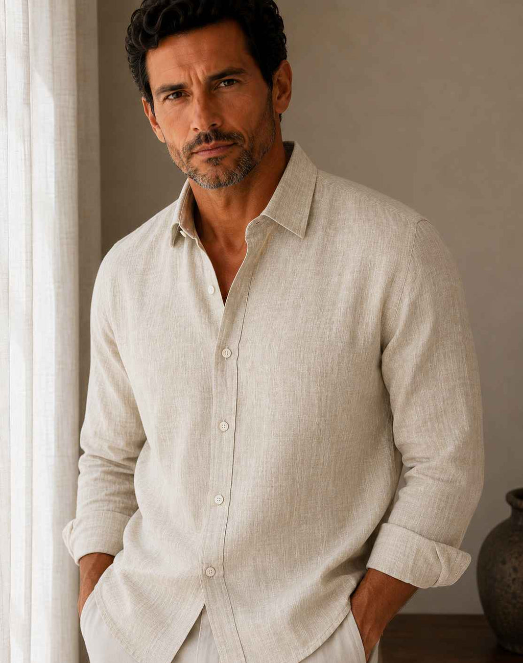 Man wearing a light beige linen shirt in a neutral setting