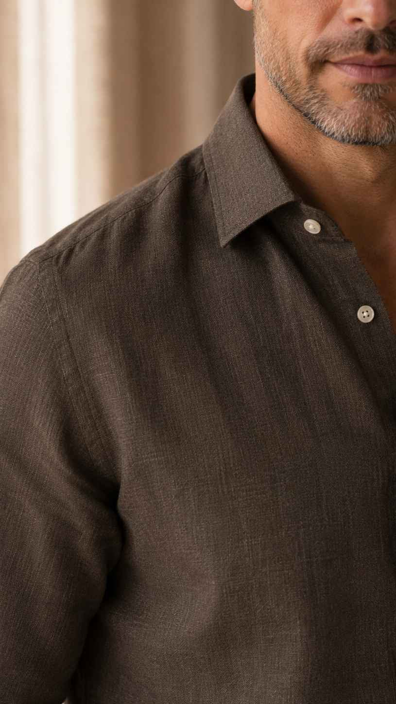 Close-up of a man wearing a brown button-up shirt with a blurred background