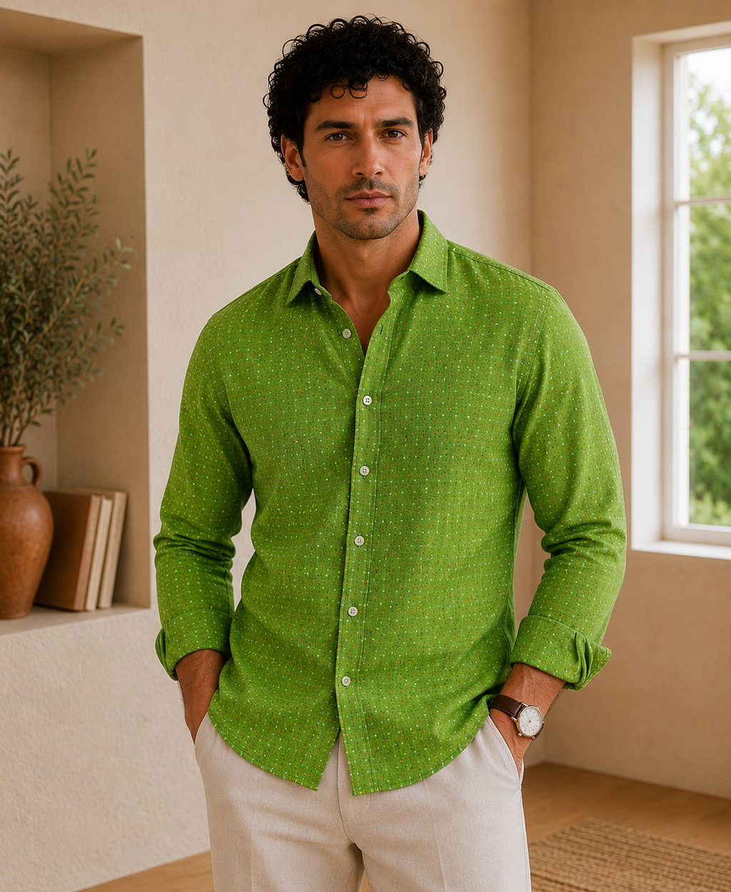 Man wearing a green shirt standing in a room with a window and books in the background