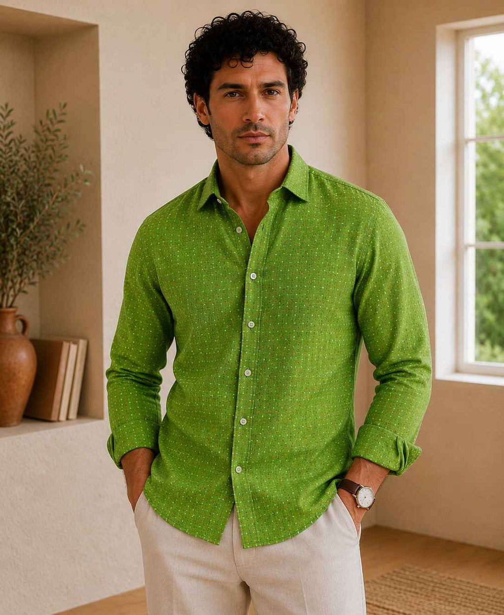 Green Micro Print Linen Shirt