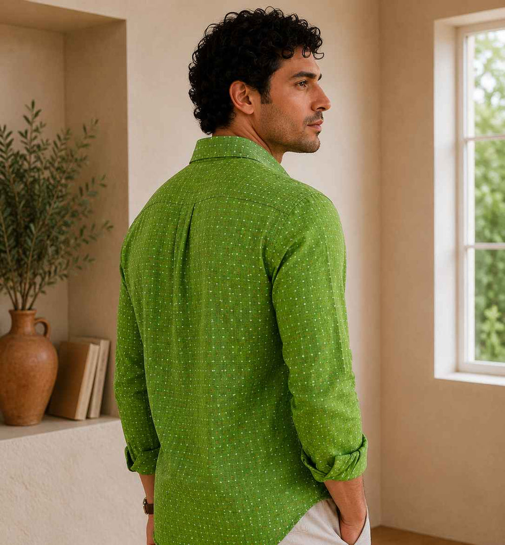 Green Micro Print Linen Shirt