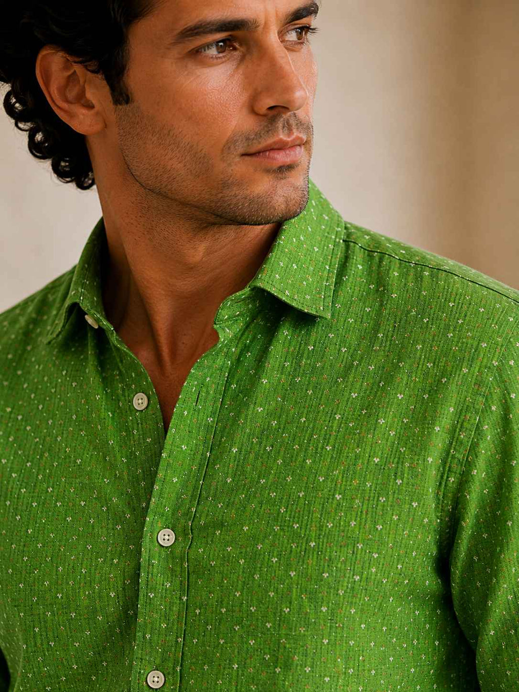 Green Micro Print Linen Shirt