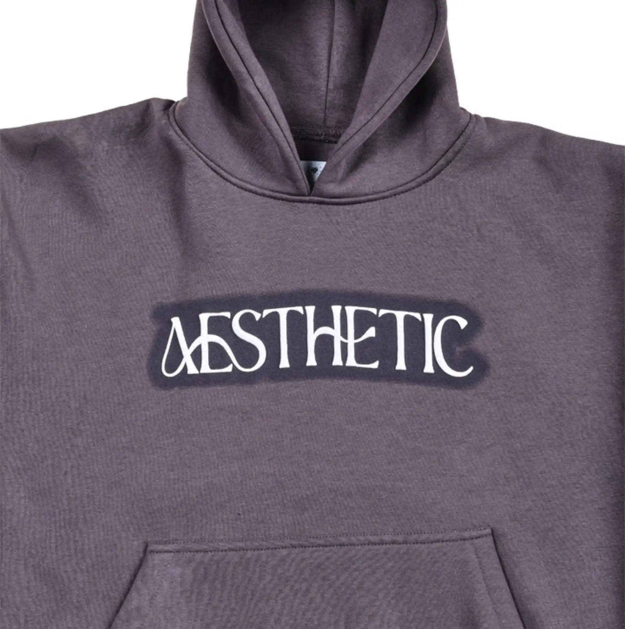A dark grey oversized hoodie with aesthetic art screen printed on the front and back.