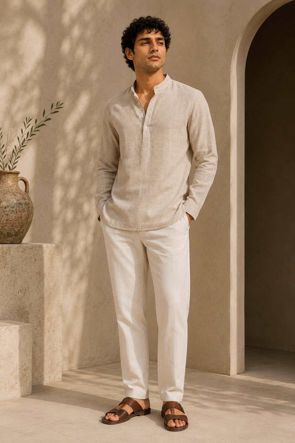 Man wearing a light-colored linen shirt and pants standing in a sunlit room with a vase and plant.