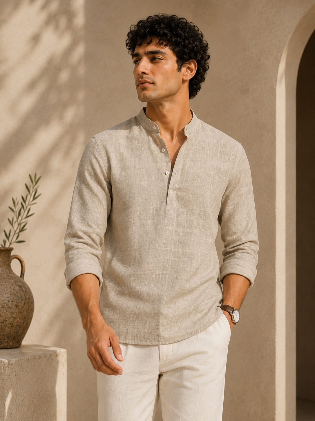 Man wearing a light-colored shirt and white pants standing against a beige wall.