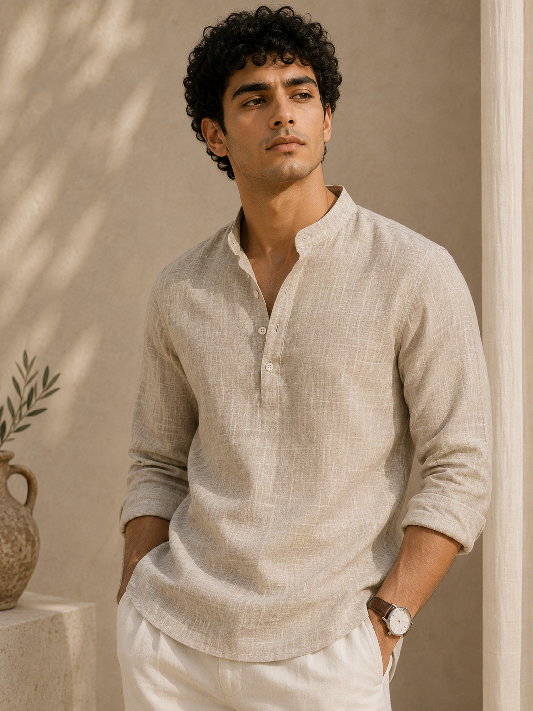 Man wearing a beige shirt and white pants against a beige wall.
